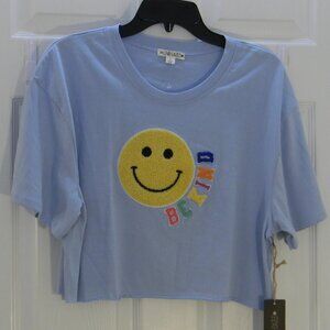 Love Dazed Blue Tee Be Kind Smiley Face Emoji Cropped NWT